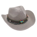 Detail of bohemian western cowboy straw hat featuring colorful beads and turquoise stone - Gray