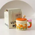 Cream ceramic tulip mug with orange lid and gift box packaging for women gift - With Lid, Spoon and Gift Box / Orange