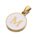 Golden round stainless steel pendant with white enamel and capital letter M detail - Letter M