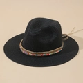 Cappello di paglia nero con perline colorate e strass in stile bohémien per l'estate - M (56-58cm) / Nero