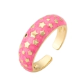 Detail of pink enamel open ring featuring gold stars and polished metallic inner band - Rose Red Star Style