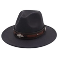 Detail of wool fedora hat with brown leather band and embossed vintage silver metal buckle - Dark Gray