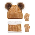 Detail of yellow knit hat with pom poms, warm fleece neck warmer and cozy gloves set - Yellow