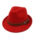 Classic red wool fedora hat with a brown leather decorative belt and silver buckle - M (56-58cm) / Red