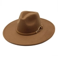 Classic tan wool fedora with wide brim and leather band featuring gold buckle detail - M / Light Coffee