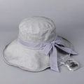 Detail of grey wide brim sun hat with blue-white striped bow and adjustable wind strap - M(56-58cm) / Dark Gray