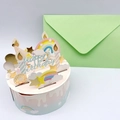3D pop-up birthday card box with green envelope and pastel macaron cake design - Rainbow Cake