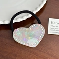 Pearlescent white heart hair tie with colorful spots and sparkling crystal rhinestones - Hair Tie / Iridescent White
