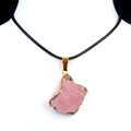 Natural irregular pink quartz stone necklace with gold plating and black leather cord - Rose Quartz