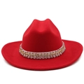 Detail of red wool cowboy hat with silver rivets and yellow rhinestones on white band - M (56-58cm) / Red