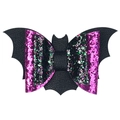 Detailed view of Halloween bat hair clip with pink and green glitter bow for girls - 5# Black Bat Purple Green Sequin Bow