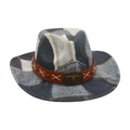 Western denim cowboy hat with patchwork design and vintage metallic bull head emblem - One Size / Black