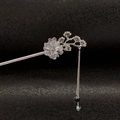Detail of silver floral hair stick with ink-wash style flower and black bead tassel - Style 3 Branch Flower Bud