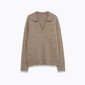 Oatmeal cable knit long sleeve polo sweater with V-neckline for women in a flat lay view - S / Khaki