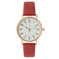 Women's quartz watch with round rose gold case, white dial and red leather strap - Red