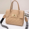 Quilted beige handbag with a gold twist lock and a detachable woven shoulder strap - Khaki