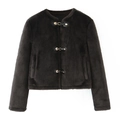 Deep brown faux fur jacket with signature triple metal buckles on a white background - XS / Dark Gray