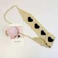 Handmade beige crochet headband with black heart patterns and wavy edges for women - Beige Black Heart