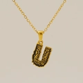 Gold plated stainless steel necklace featuring a letter U pendant with bark texture inlay - Gold Letter U