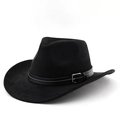 Close-up of black suede cowboy hat with leather band and silver buckle detail - M (56-58cm) / Black