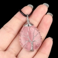 Pink quartz water drop pendant with silver wire tree of life on a black cord - Rose Quartz
