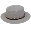 Gray boater hat with straw texture featuring a black ribbon and gold chain detail - Thick Chain Decor Band Style (300L)