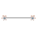 Close-up of industrial barbell with silver rod and opal flower ends on white background - Rose Gold Flower Opal