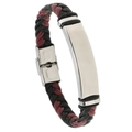 Men's braided leather bracelet in black and burgundy with silver metal ID tag - Black Red