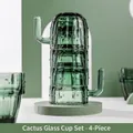 Set di 4 bicchieri da acqua a forma di cactus verde con vassoio decorativo coordinato - Verde (Set Cactus da 4 pezzi)