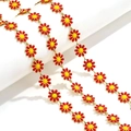 Golden stainless steel chain with red and yellow enamel daisy flower charms for DIY jewelry - Price per Meter / Gold-Red