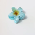 Close-up of sky blue gradient plumeria hair claw clip with glossy resin finish - Glossy Blue Yellow Gradient