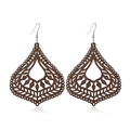 Macro detail of dark brown wooden earrings with geometric hollow-out teardrop pattern - Style 15