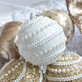 Champagne gold and white Christmas tree ornaments with glitter and pearl details - Bright White Horizontal Stripe Pearl Ball 8cm