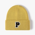Yellow knit beanie with embroidered letter P patch in thick ribbed winter style - Egg Yellow