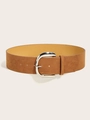 Detail of wide brown suede waist belt featuring a large polished silver oval buckle - Silver Pin Buckle (5.8cm Wide) / Camel