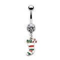 Détail du piercing de nombril botte de Noël en métal argenté et émail coloré - Chaussette de Noël (Style 2)