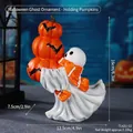 Halloween skull ghost figurine holding stacked pumpkins, resin decor, 16cm height - Ghost Hugging Pumpkins