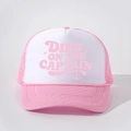 Detail shot of pink and white trucker hat featuring Dibs On The Captain printed text - One Size / White & Pink