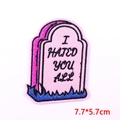 Detail view of pink tombstone embroidery patch with I HATED YOU ALL text, 7.7x5.7cm size - Tombstone Slogan Style (PE6969CT)