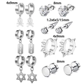 Detailed view of silver stainless steel earring set with skull and star charms including size specs - 7 Pairs Set / Silver