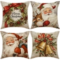 Pink reindeer Christmas pillow covers set of four in rustic linen with holiday prints - 18x18 Inch / Vintage Watercolor Set / Set of 4