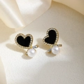Elegant gold heart earrings with black enamel, sparkling rhinestones and white pearls - E3205-2-Black Heart Pearl Studs