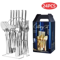 24-piece silver stainless steel cutlery set with blue gift box and storage rack - 24-Piece Set / Silver