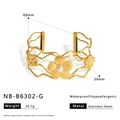 Detail view of 18K gold plated hollow floral cuff with dimensions and stainless steel texture - Hollow Flower Style (NB-B6302-G)