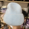 Light blue rabbit fur knit beanie hat featuring soft plush texture and ribbed cuff - M (56-58cm) / Light Blue