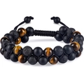 Bracelet tressé double couche avec perles d'œil de tigre et onyx noir pour homme - 7A Oeil de Tigre Jaune + 7A Pierre de Lave + 7A Agate Mate