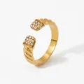 Elegant gold plated spiral twist open ring with white zircon crystal insets for women - Gold Twisted Rope Zirconia Style (KD780)
