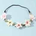 Bohemian floral headband with pink silk flowers and hand-woven rustic rope band - Pink White with Green Leaves