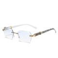 Frameless sunglasses with gradient blue lenses and stylish marble pattern temples - Gold Frame Gradient Blue Lens White Marble Temple