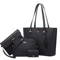Schickes 4-teiliges Set aus schwarzem Kunstleder mit Tragetasche, Umhängetasche und Etui - 4-teiliges Set / Schwarz
